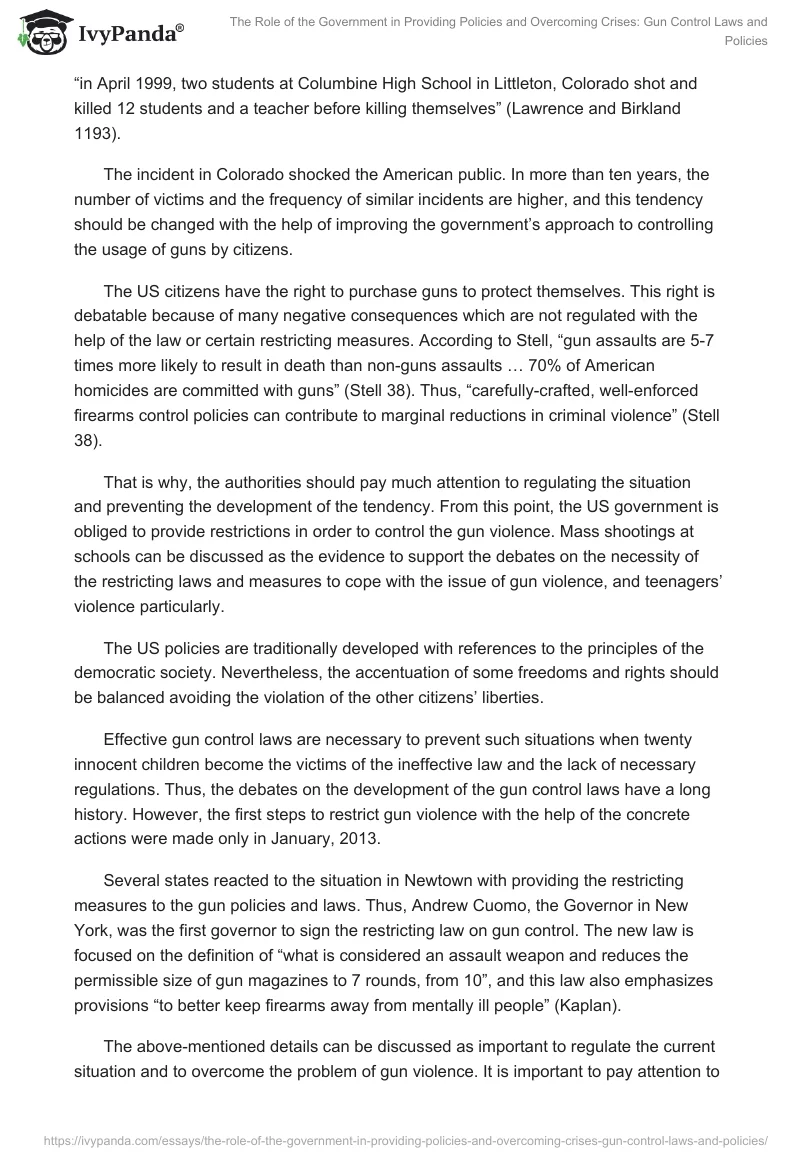 The Role of the Government in Providing Policies and Overcoming Crises: Gun Control Laws and Policies. Page 2