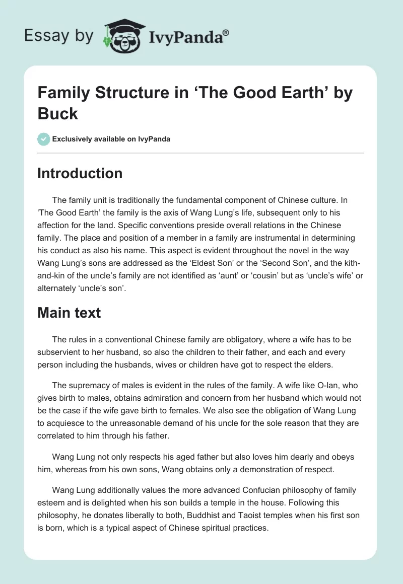 Family Structure in ‘The Good Earth’ by Buck. Page 1