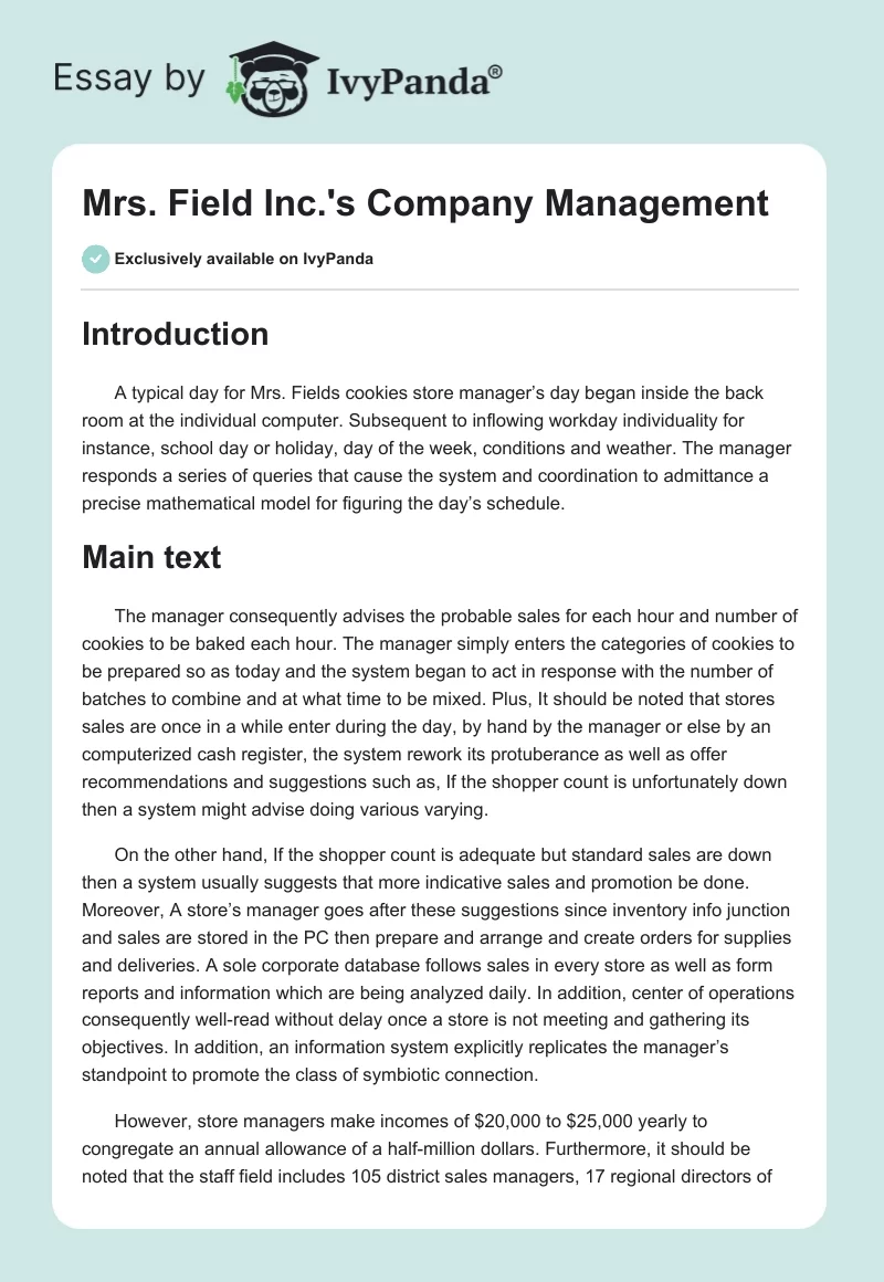 Mrs. Field Inc.'s Company Management. Page 1