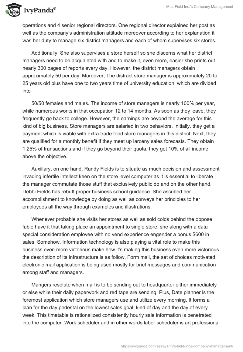 Mrs. Field Inc.'s Company Management. Page 2