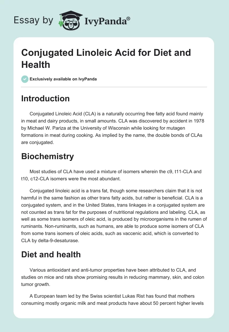 Conjugated Linoleic Acid for Diet and Health. Page 1