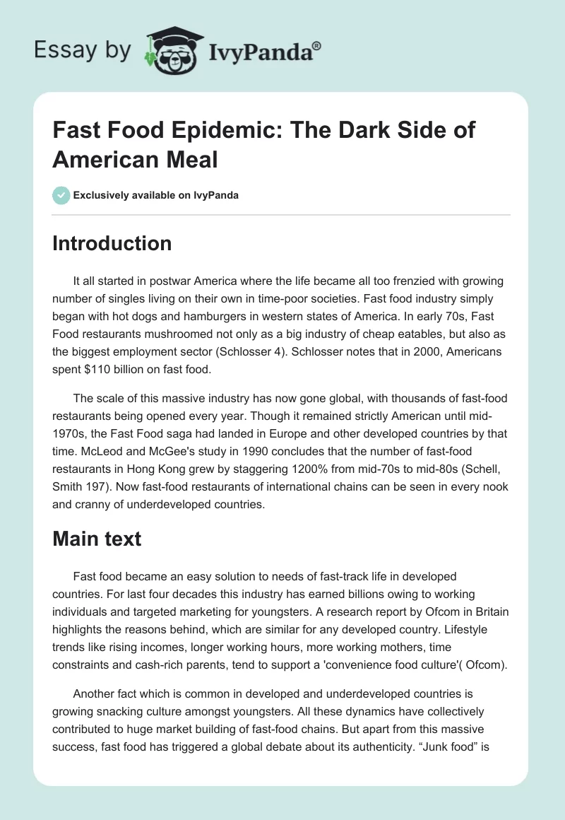 Fast Food Epidemic: The Dark Side of American Meal. Page 1