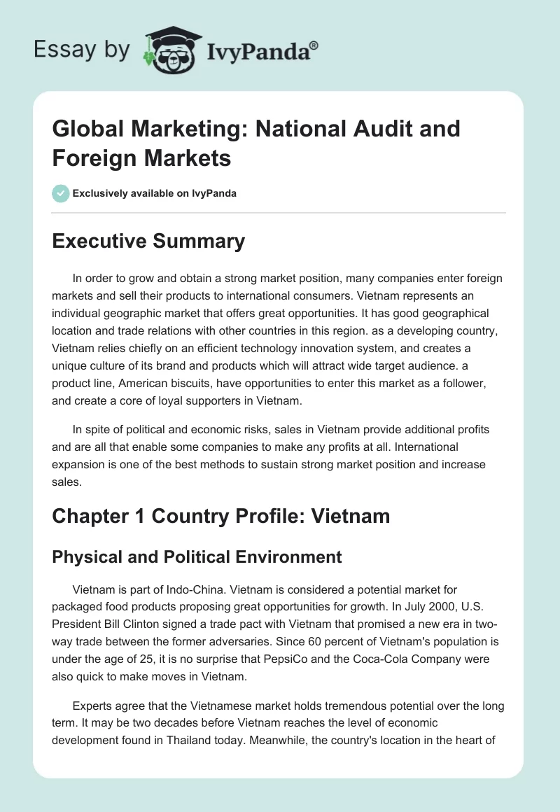 Global Marketing: National Audit and Foreign Markets. Page 1