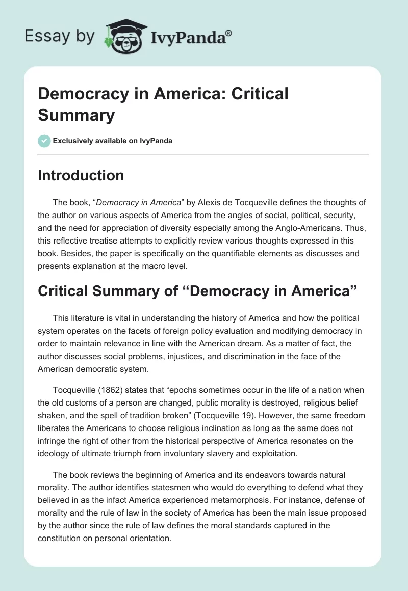 Democracy in America: Critical Summary. Page 1