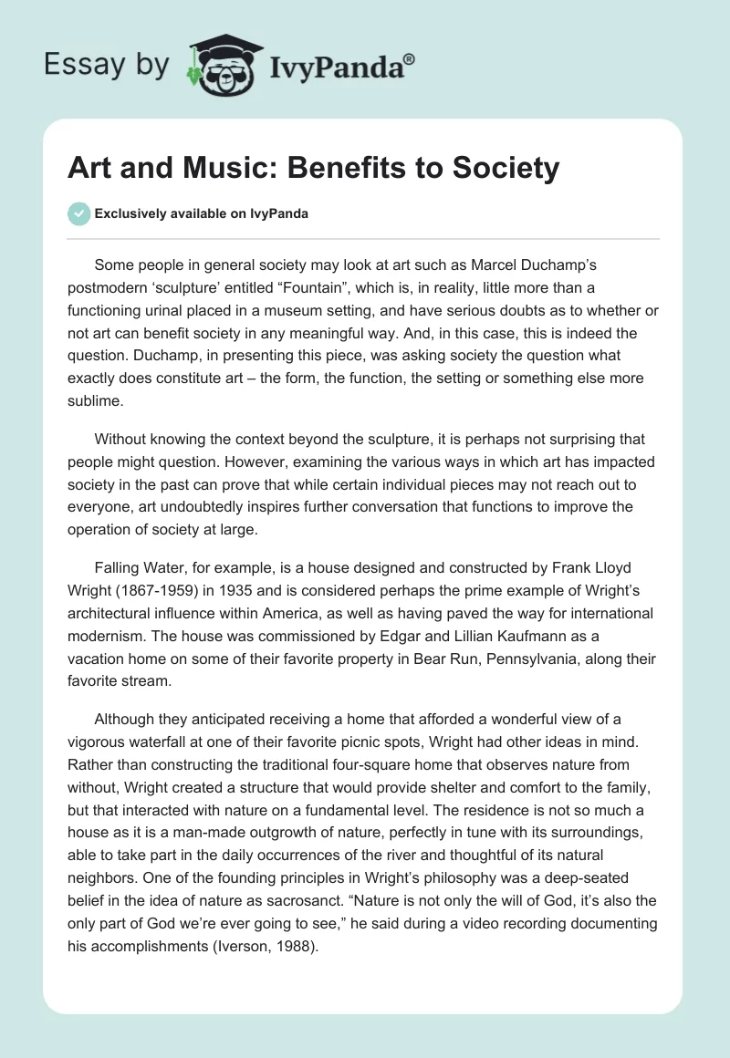 Art and Music: Benefits to Society. Page 1