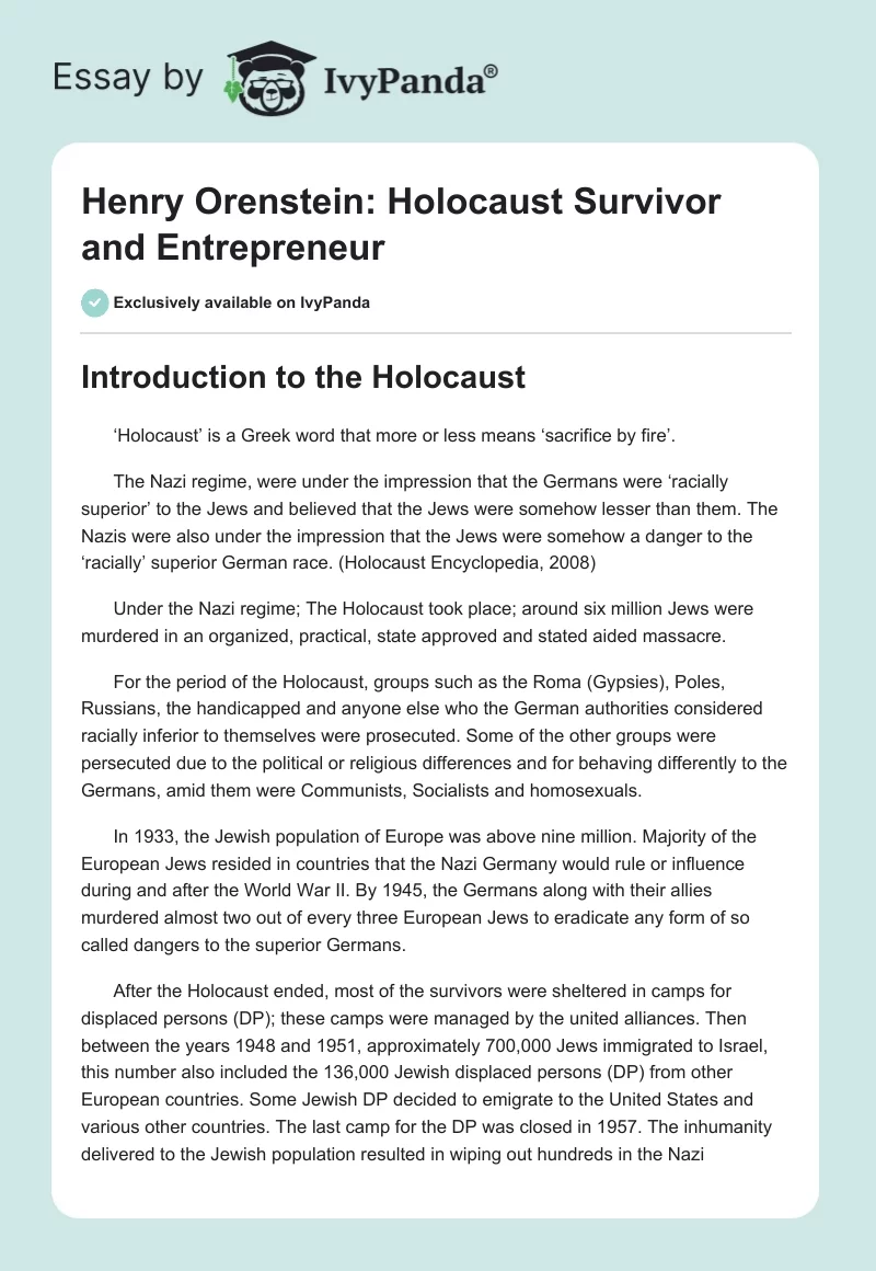Henry Orenstein: Holocaust Survivor and Entrepreneur. Page 1