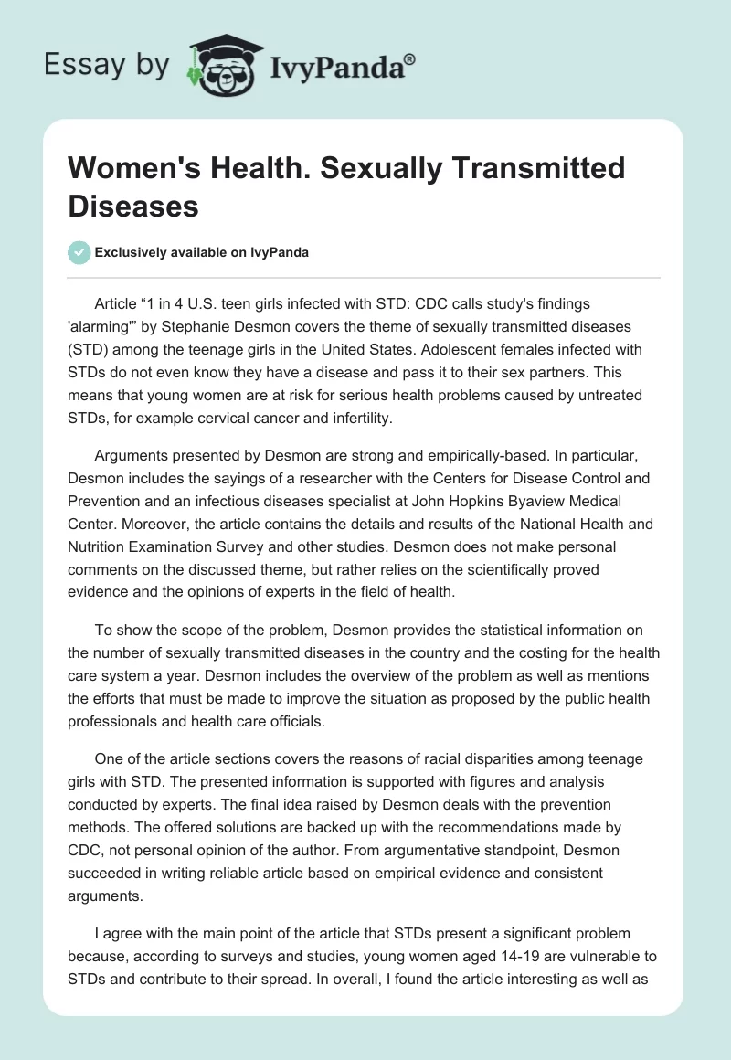 Women's Health. Sexually Transmitted Diseases. Page 1