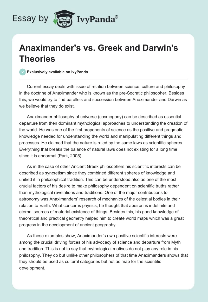 Anaximander's vs. Greek and Darwin's Theories. Page 1