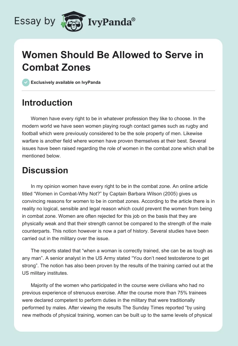 Women Should Be Allowed to Serve in Combat Zones. Page 1
