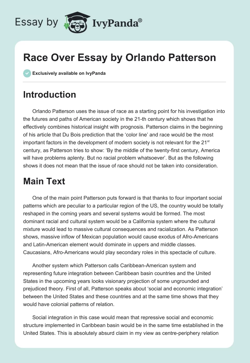 "Race Over" Essay by Orlando Patterson. Page 1