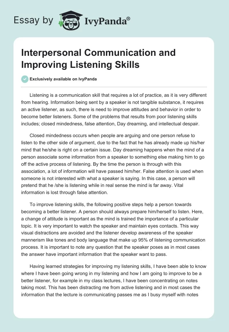 Interpersonal Communication and Improving Listening Skills. Page 1