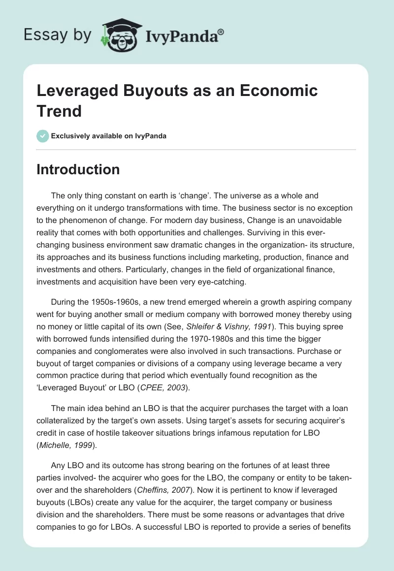 Leveraged Buyouts as an Economic Trend. Page 1