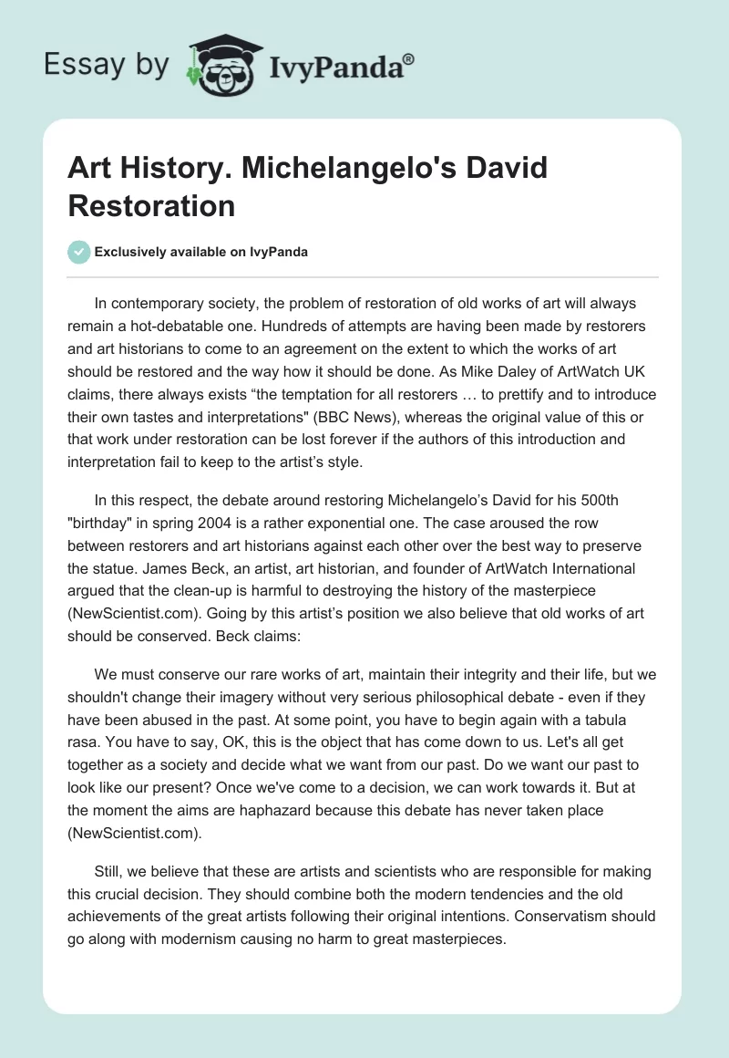 Art History. Michelangelo's David Restoration. Page 1