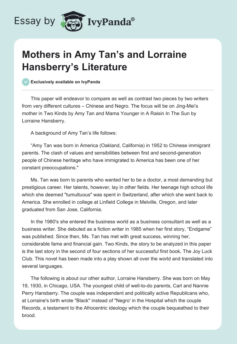 Mothers in Amy Tan’s and Lorraine Hansberry’s Literature. Page 1