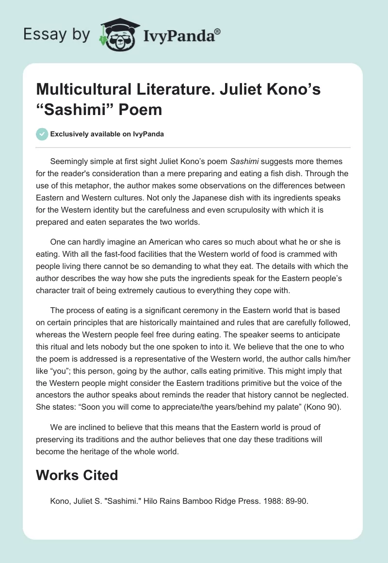Multicultural Literature. Juliet Kono’s “Sashimi” Poem. Page 1