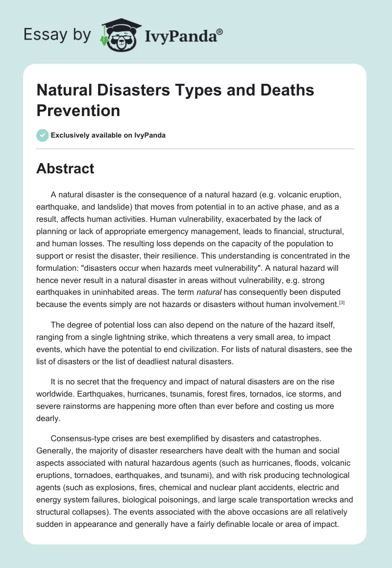 Natural Disasters Types and Deaths Prevention. Page 1