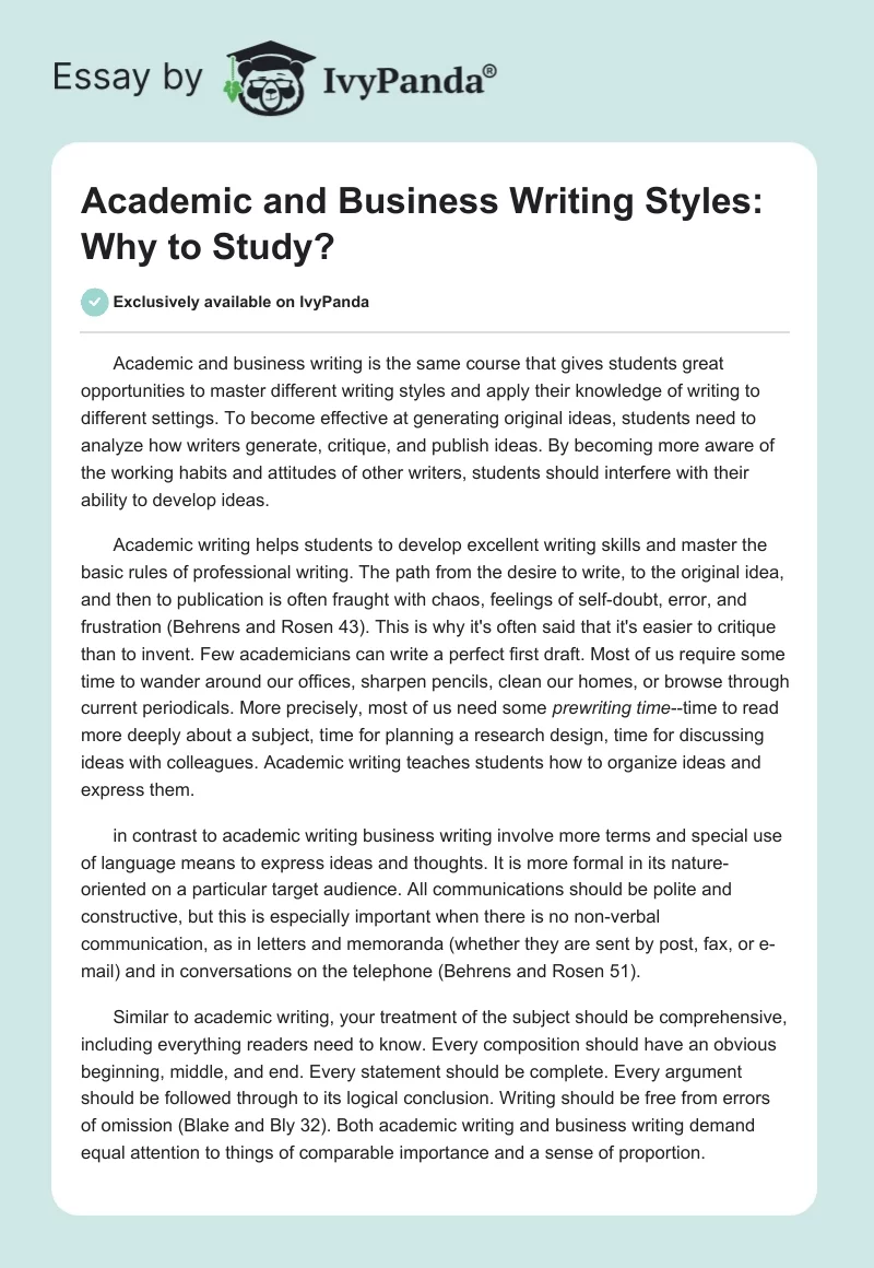 Academic and Business Writing Styles: Why to Study?. Page 1