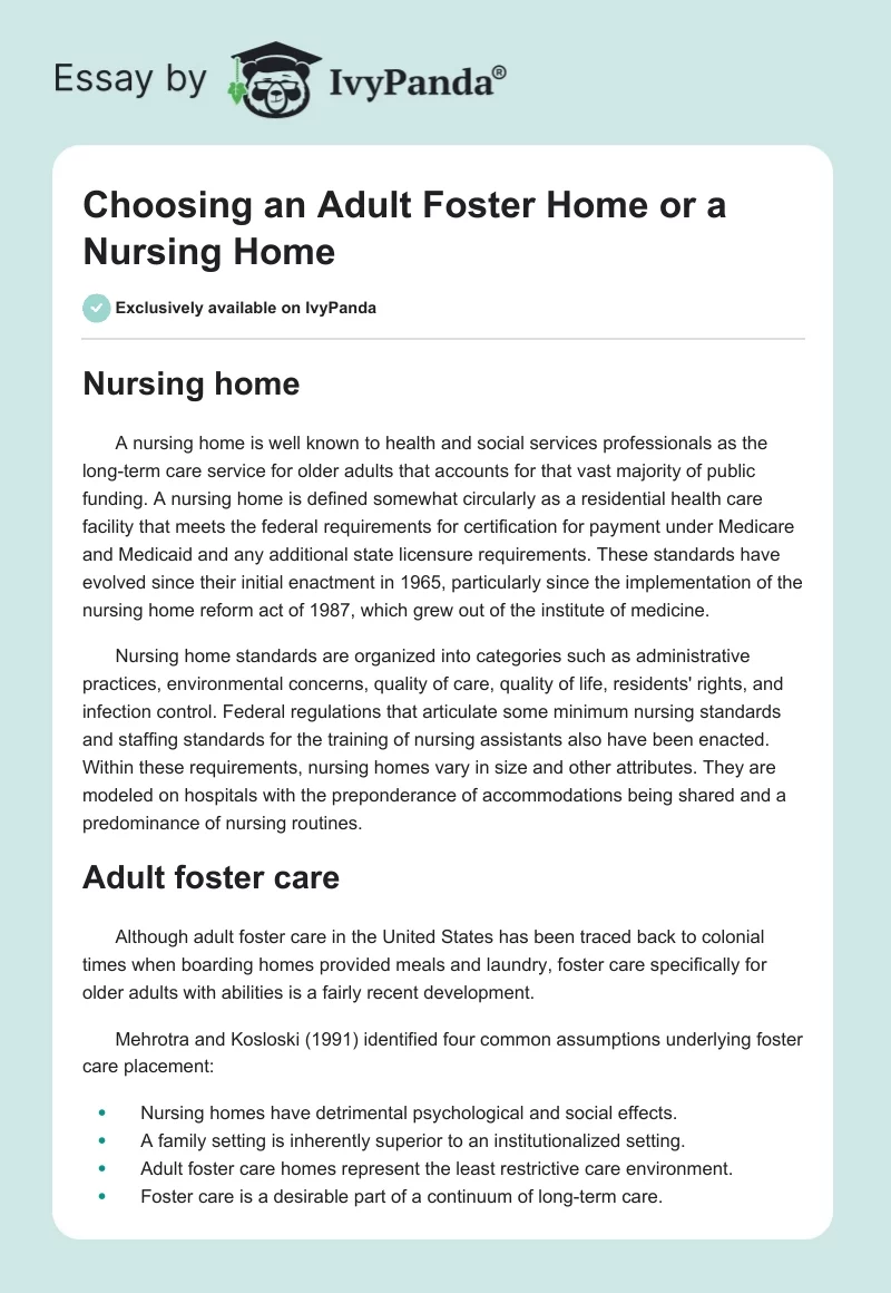 Choosing an Adult Foster Home or a Nursing Home. Page 1