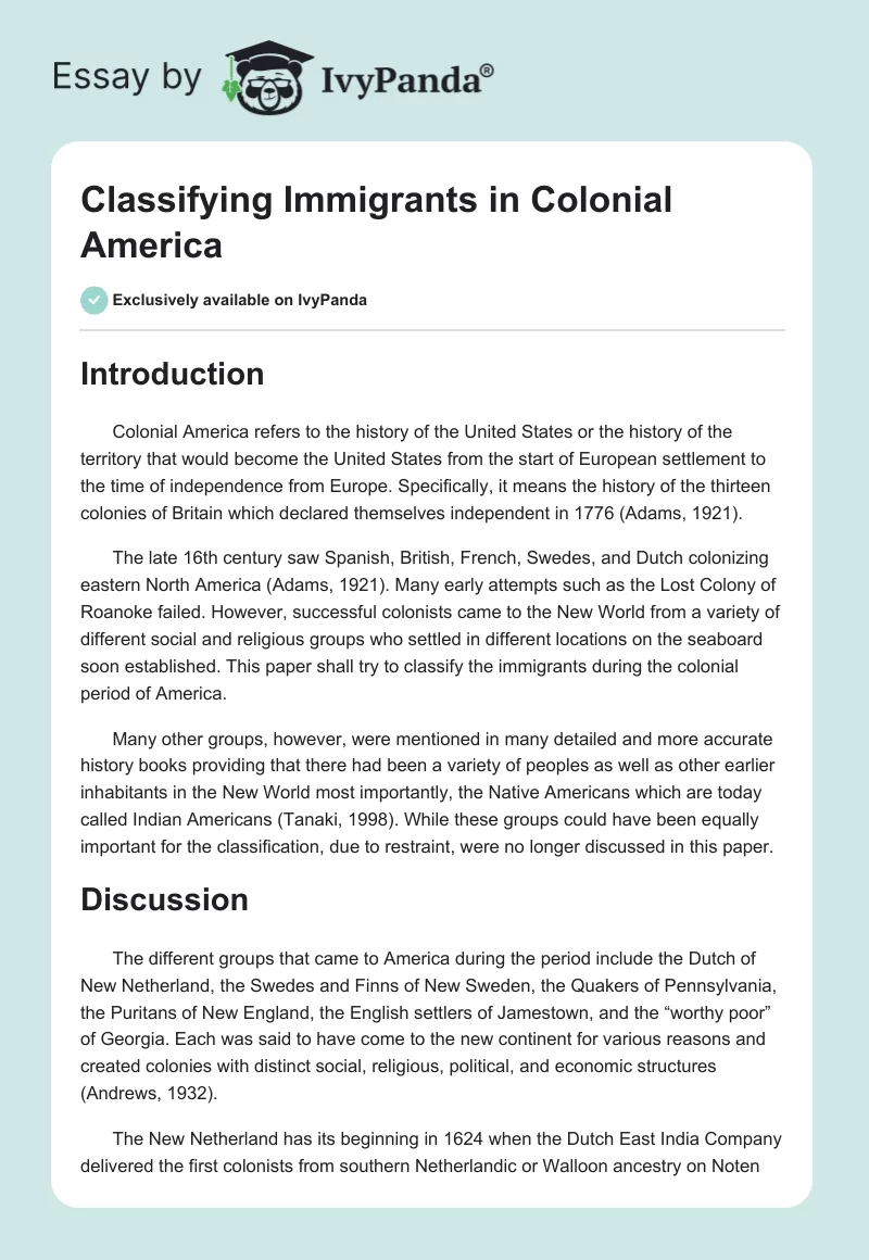 Classifying Immigrants in Colonial America. Page 1