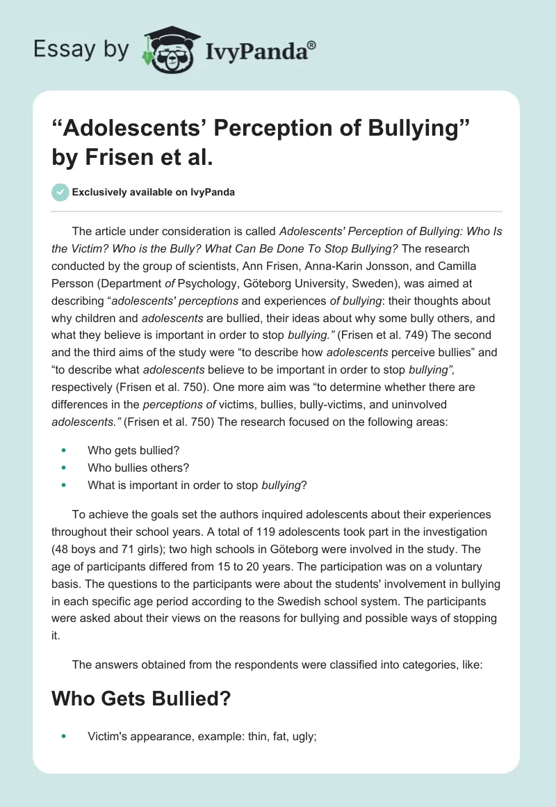“Adolescents’ Perception of Bullying” by Frisen et al.. Page 1