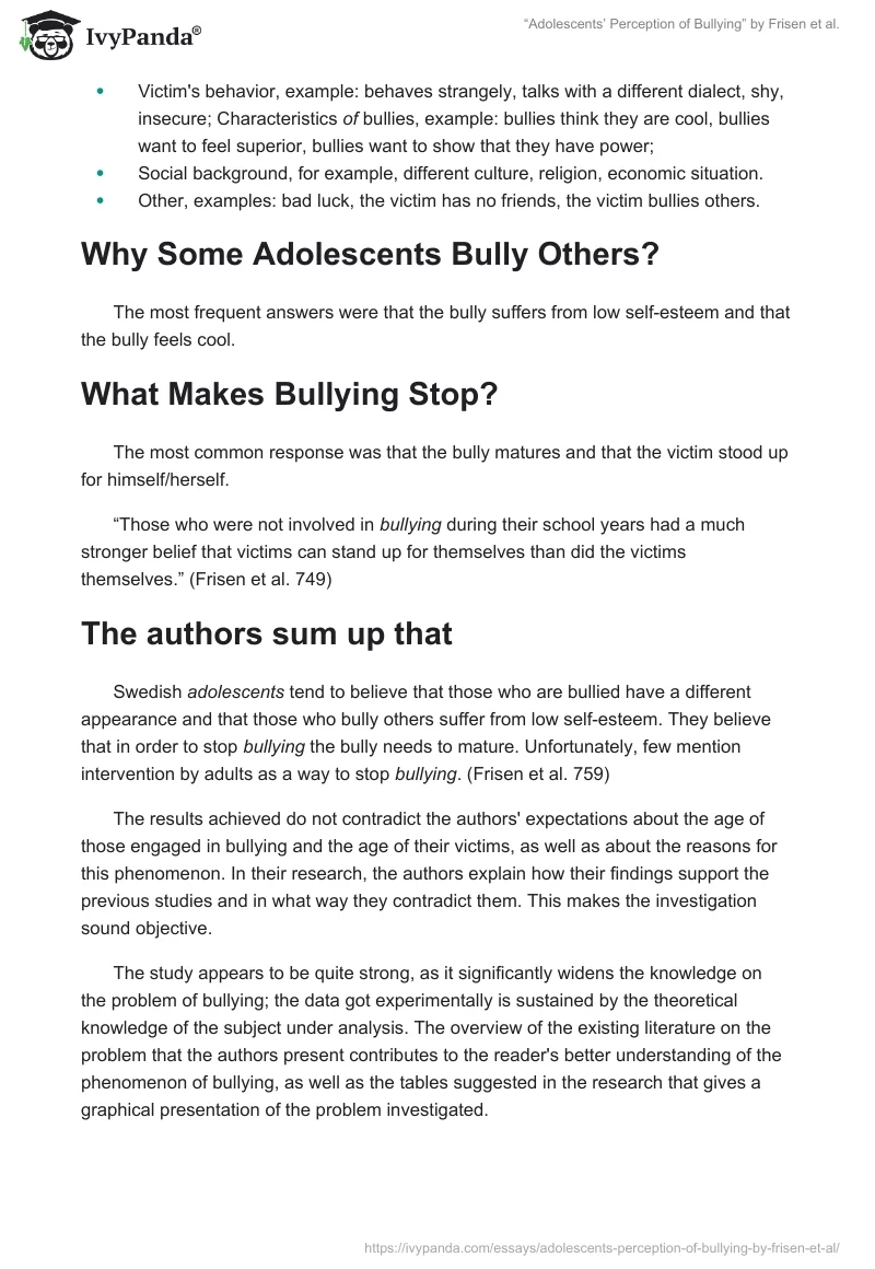 “Adolescents’ Perception of Bullying” by Frisen et al.. Page 2