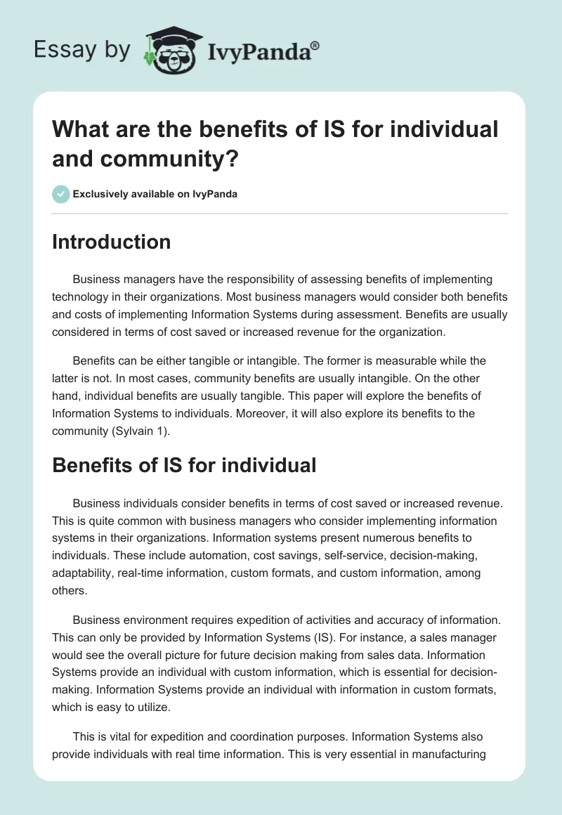 What are the benefits of IS for individual and community?. Page 1