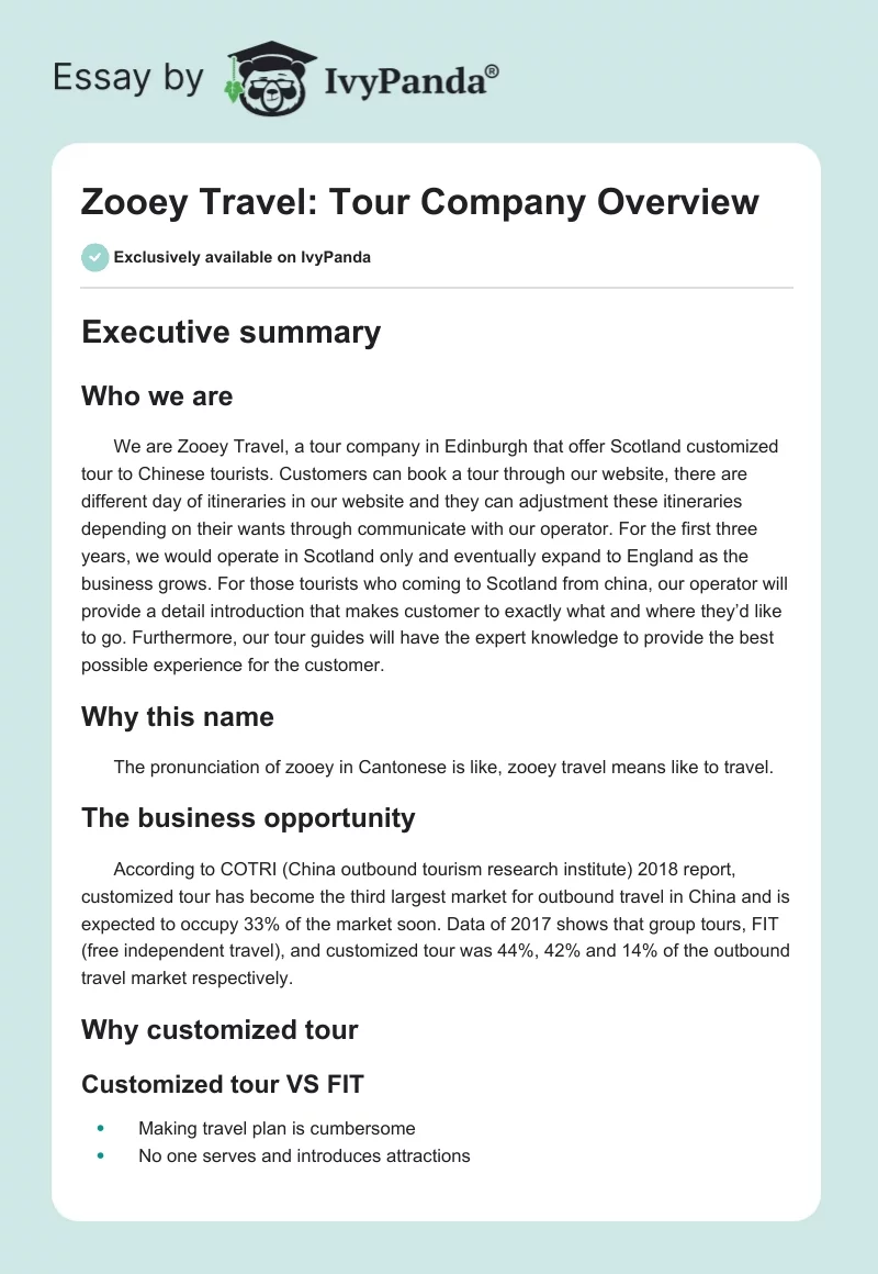 Zooey Travel: Tour Company Overview. Page 1