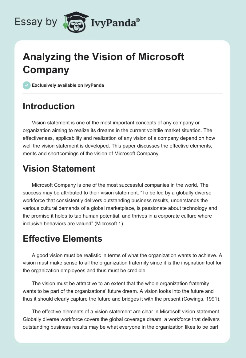 Analyzing the Vision of Microsoft Company. Page 1