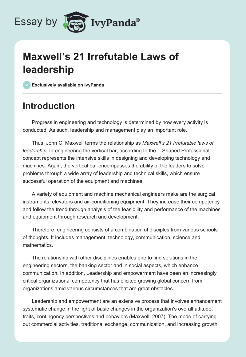 Maxwell’s 21 Irrefutable Laws of leadership. Page 1