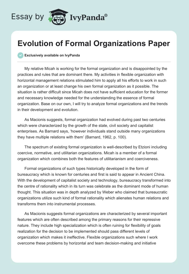 Evolution of Formal Organizations Paper. Page 1