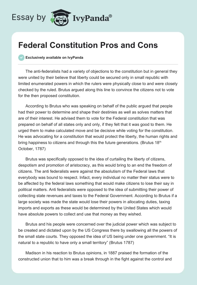 Federal Constitution Pros and Cons. Page 1