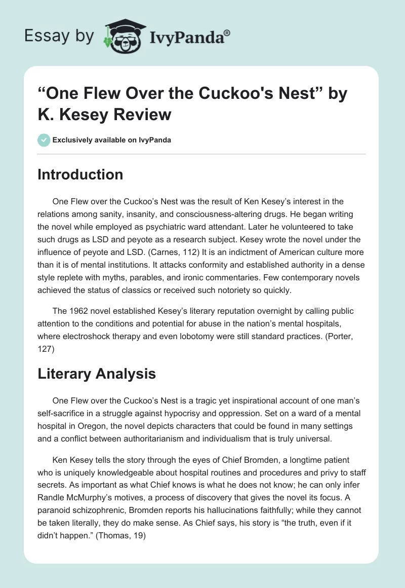 “One Flew Over the Cuckoo's Nest” by K. Kesey Review. Page 1