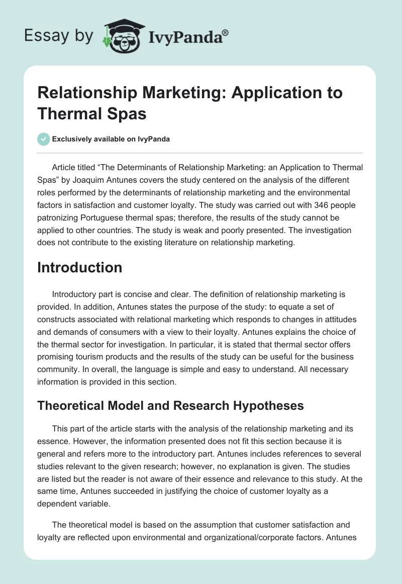 Relationship Marketing: Application to Thermal Spas. Page 1