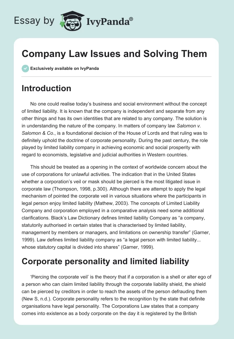 Company Law Issues and Solving Them. Page 1