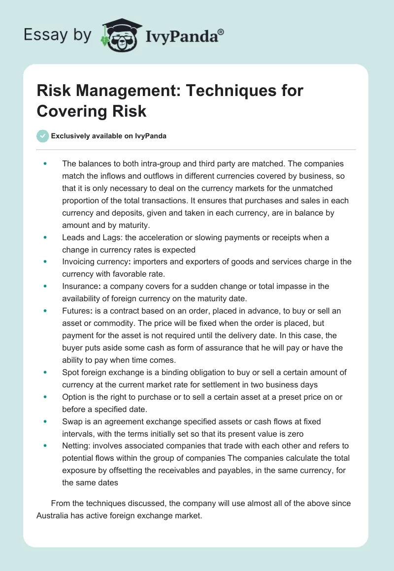 Risk Management: Techniques for Covering Risk. Page 1
