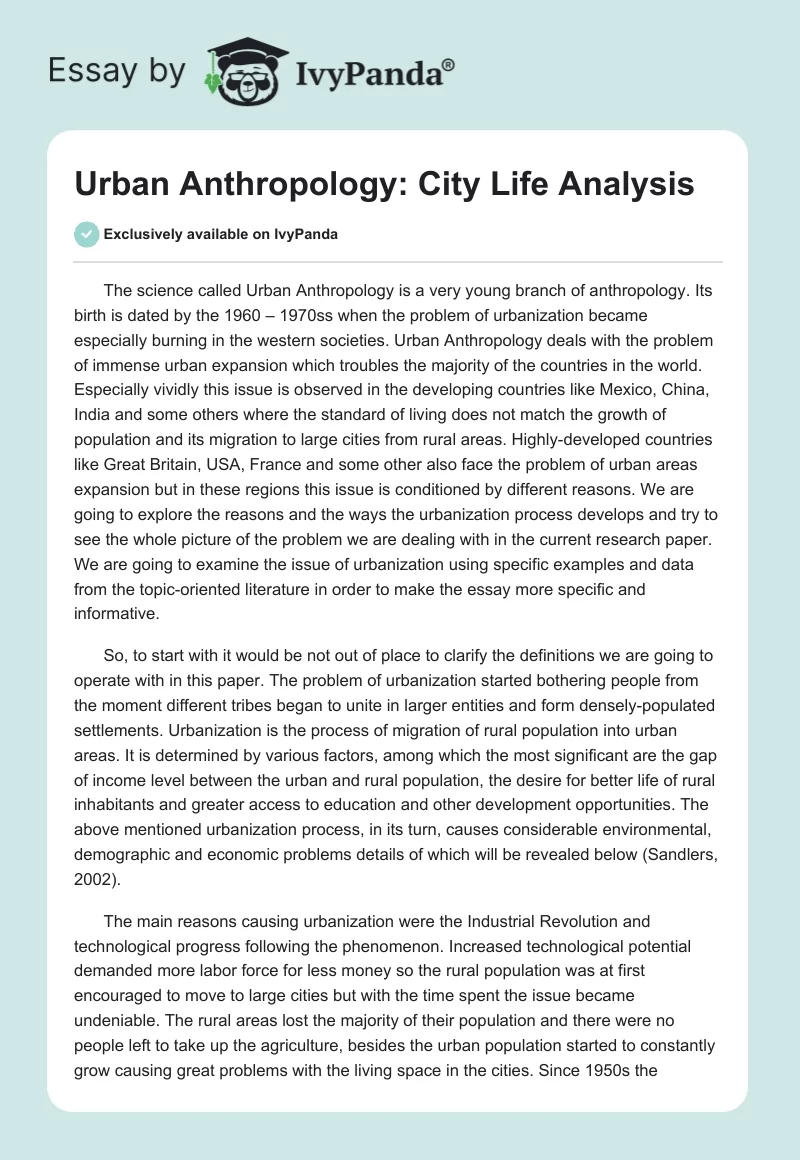Urban Anthropology: City Life Analysis. Page 1