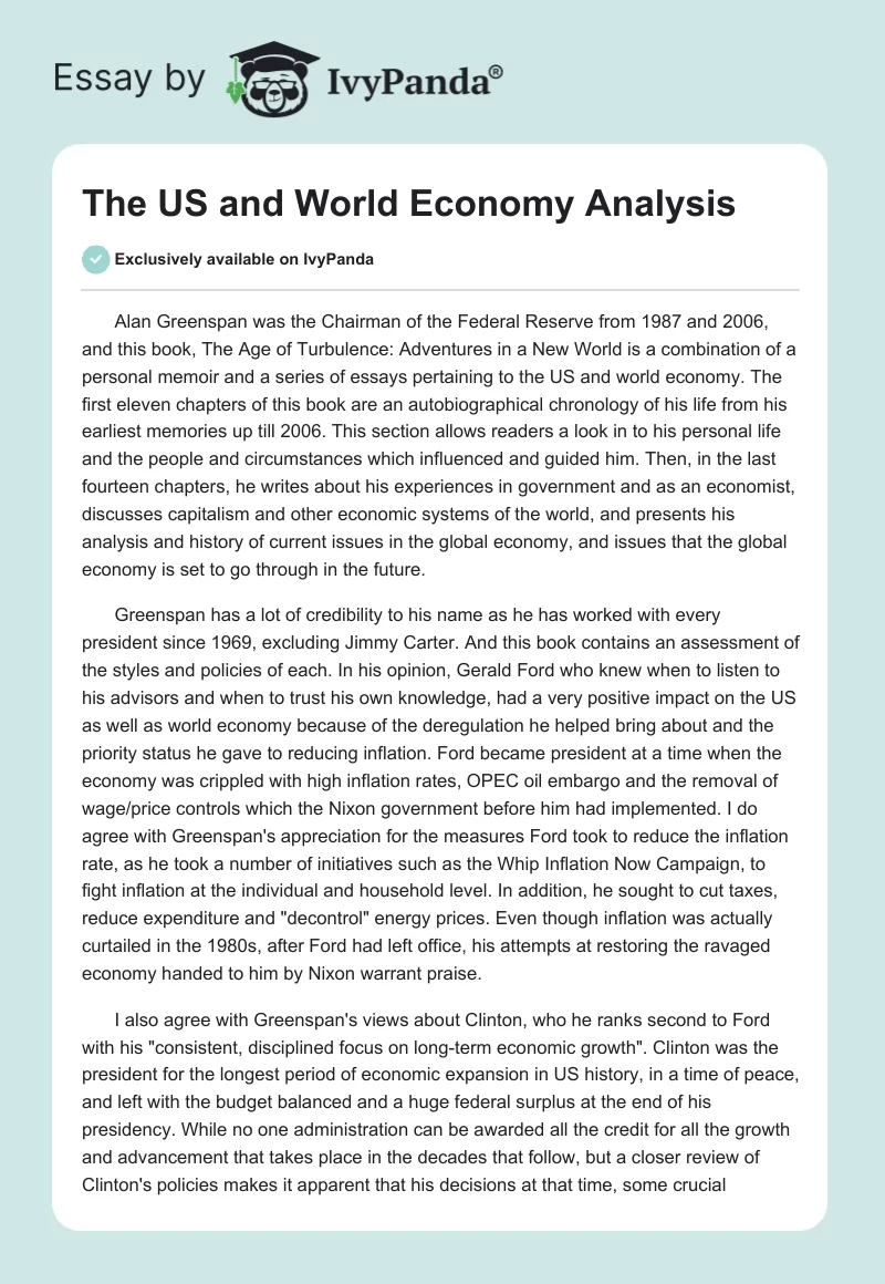 The US and World Economy Analysis. Page 1