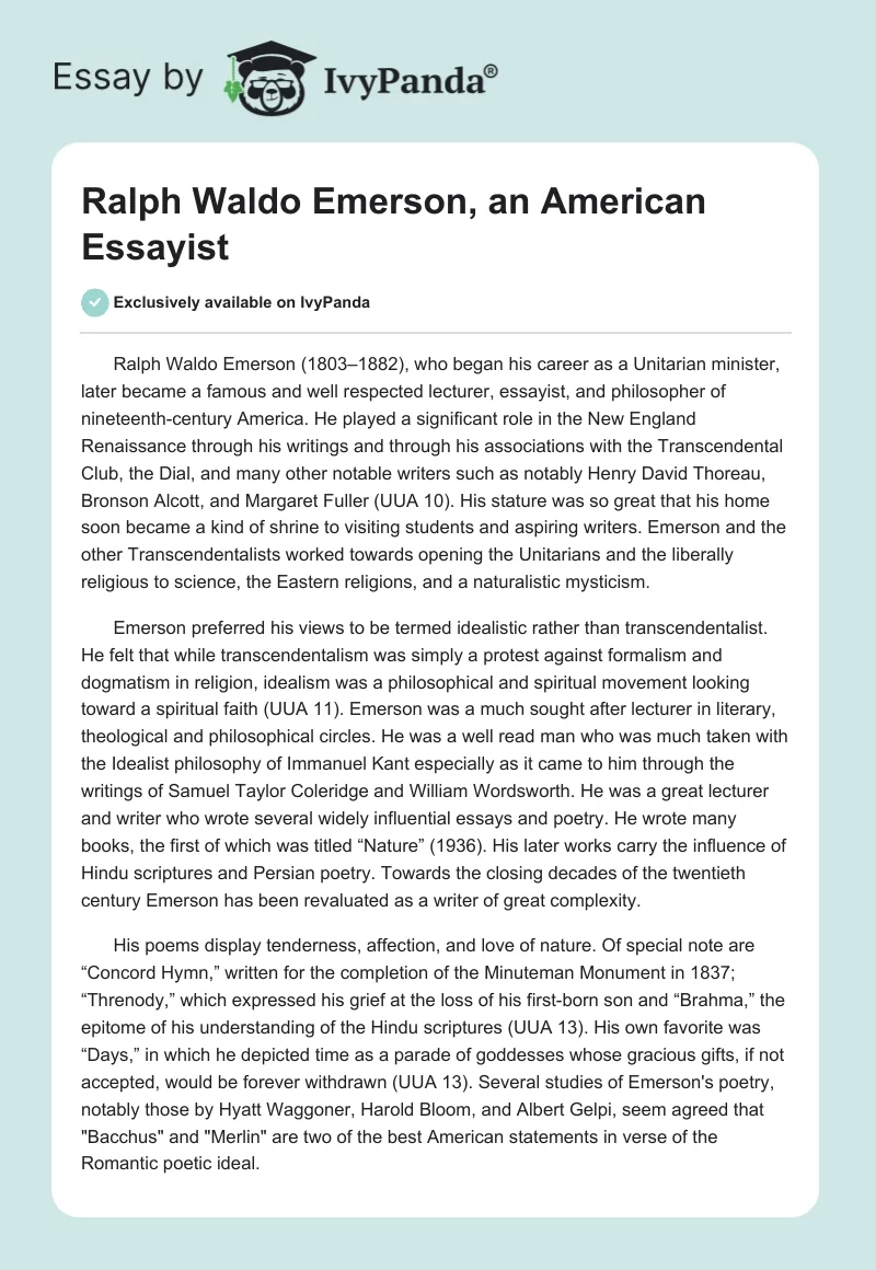 Ralph Waldo Emerson, an American Essayist. Page 1