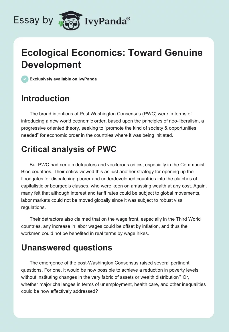 Ecological Economics: Toward Genuine Development. Page 1