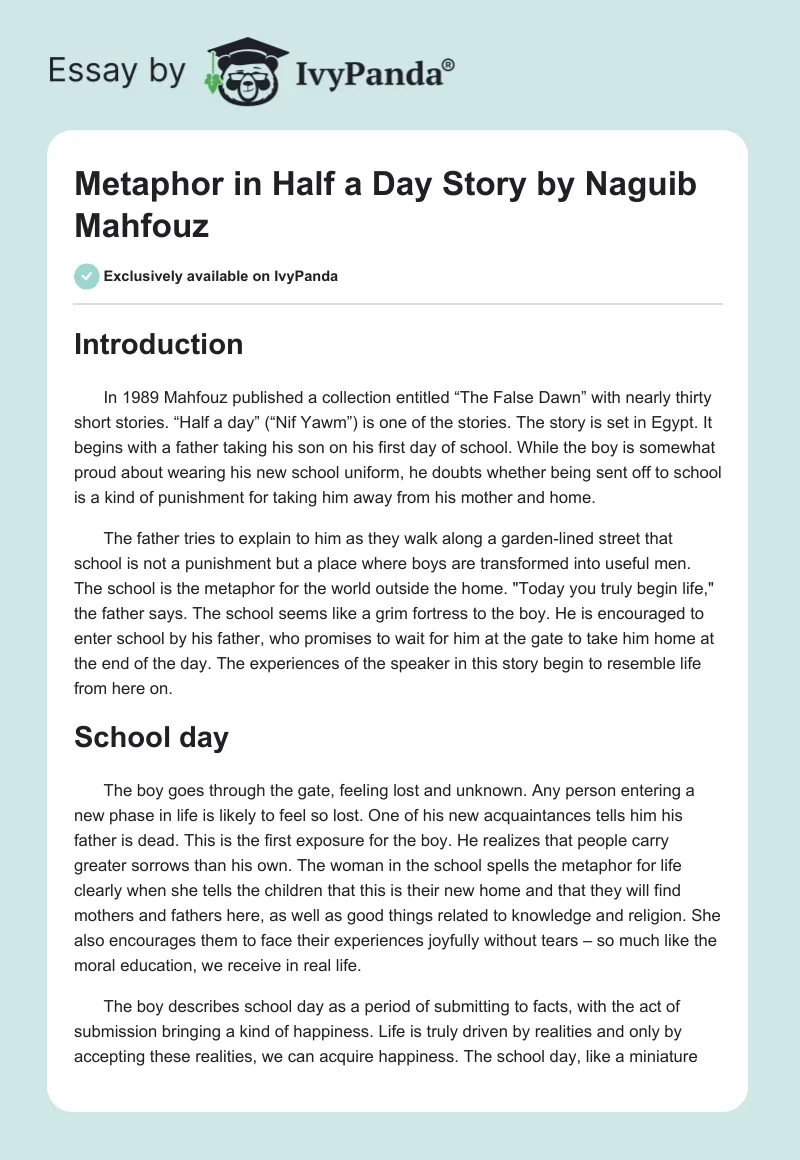 Metaphor in "Half a Day" Story by Naguib Mahfouz. Page 1