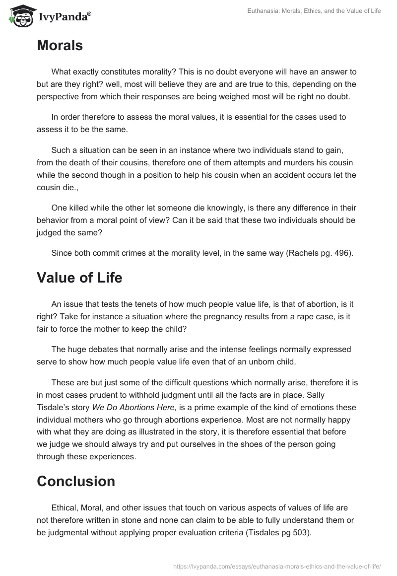 Euthanasia: Morals, Ethics, and the Value of Life. Page 2