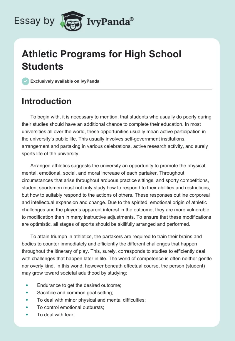 Athletic Programs for High School Students. Page 1