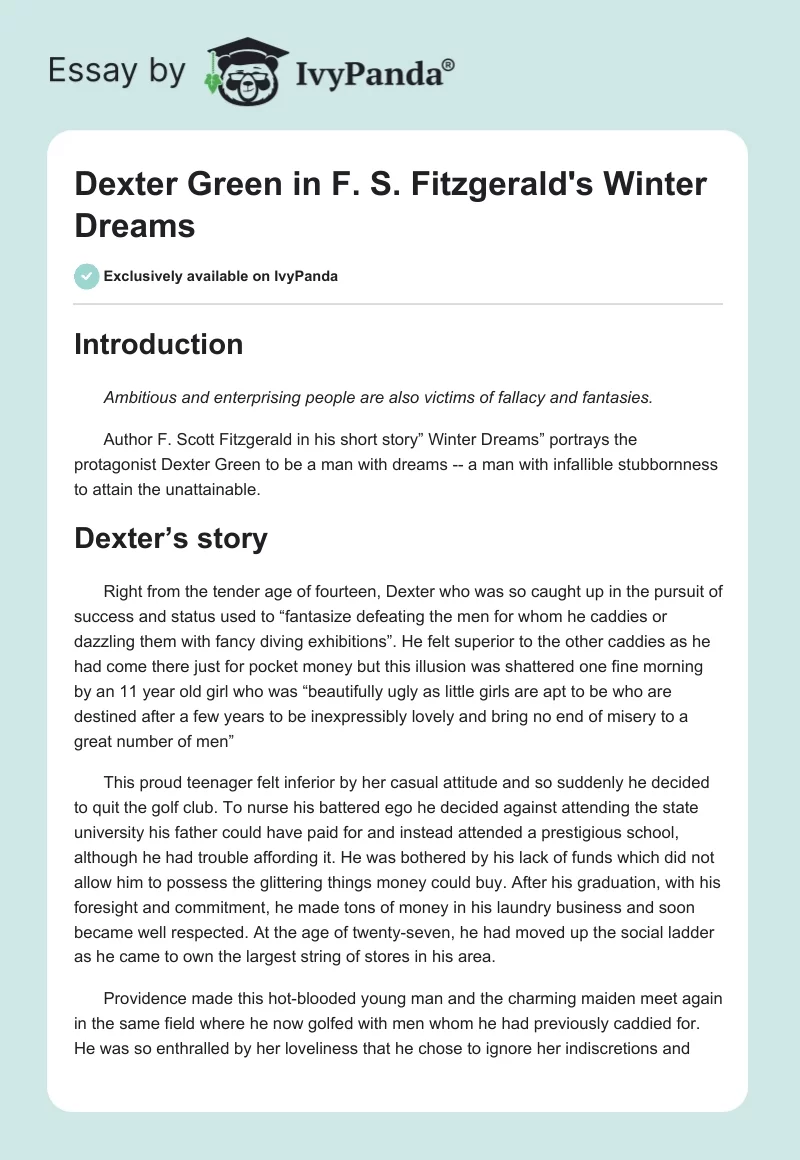 Dexter Green in F. S. Fitzgerald's "Winter Dreams". Page 1