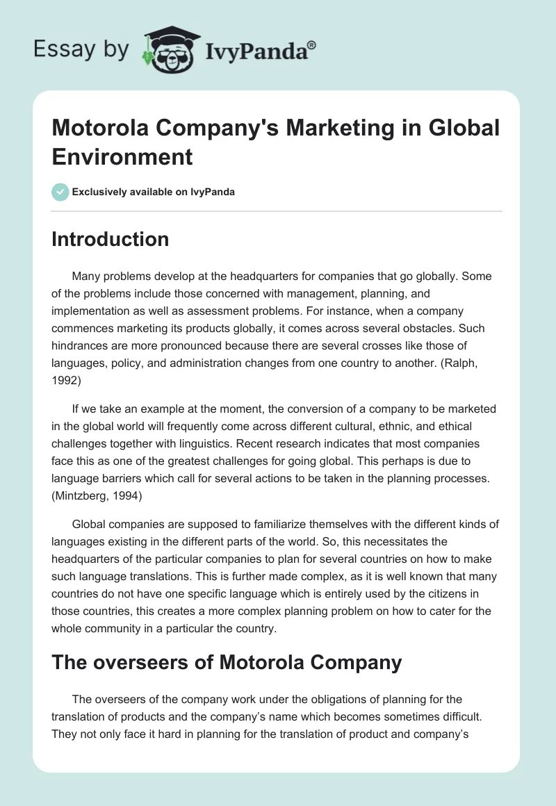 Motorola Company's Marketing in Global Environment. Page 1