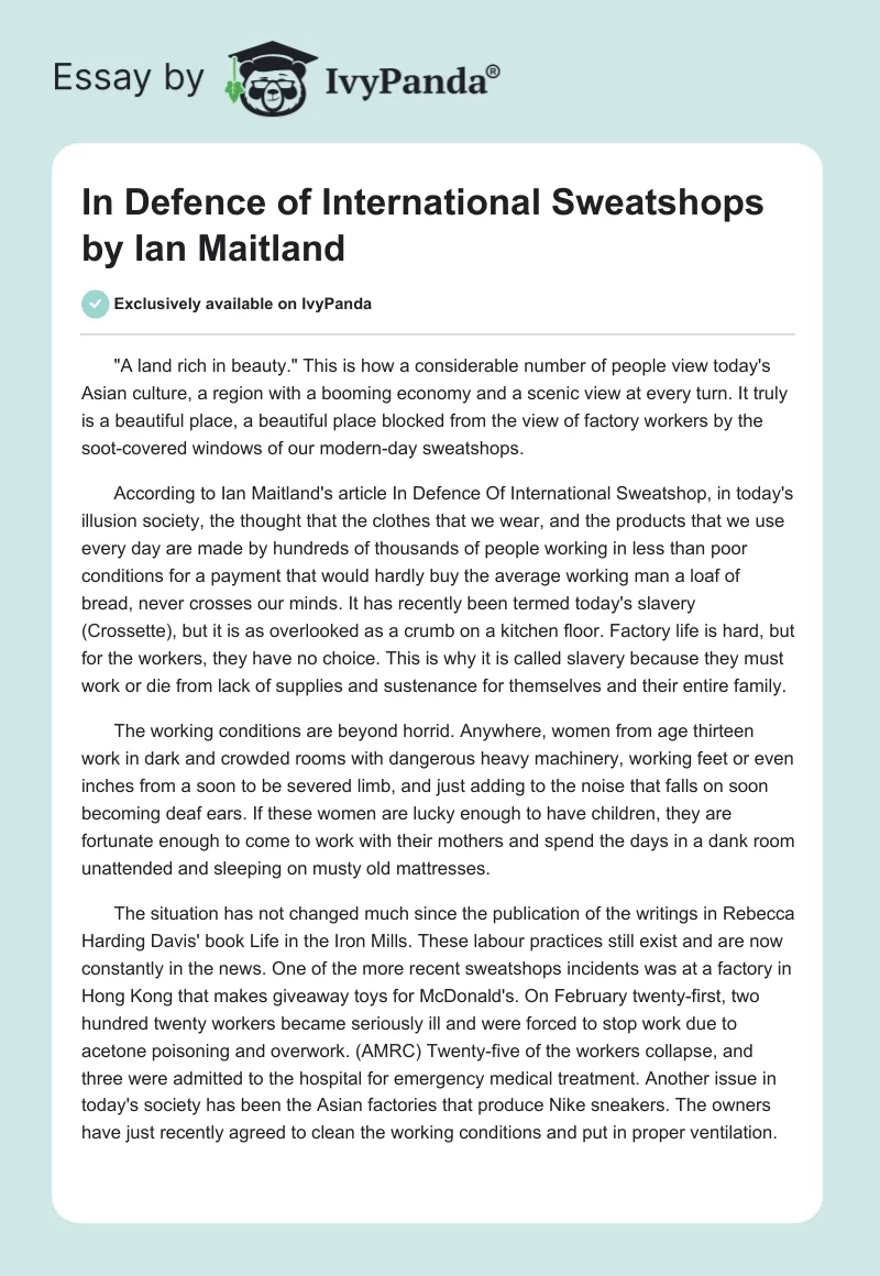 In Defence of International Sweatshops by Ian Maitland. Page 1