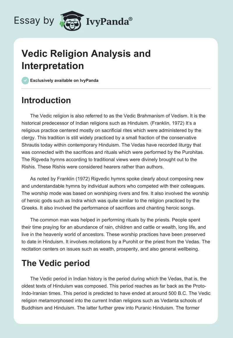 Vedic Religion Analysis and Interpretation. Page 1