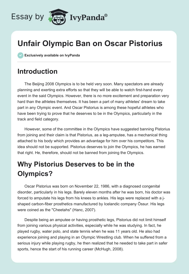 Unfair Olympic Ban on Oscar Pistorius. Page 1