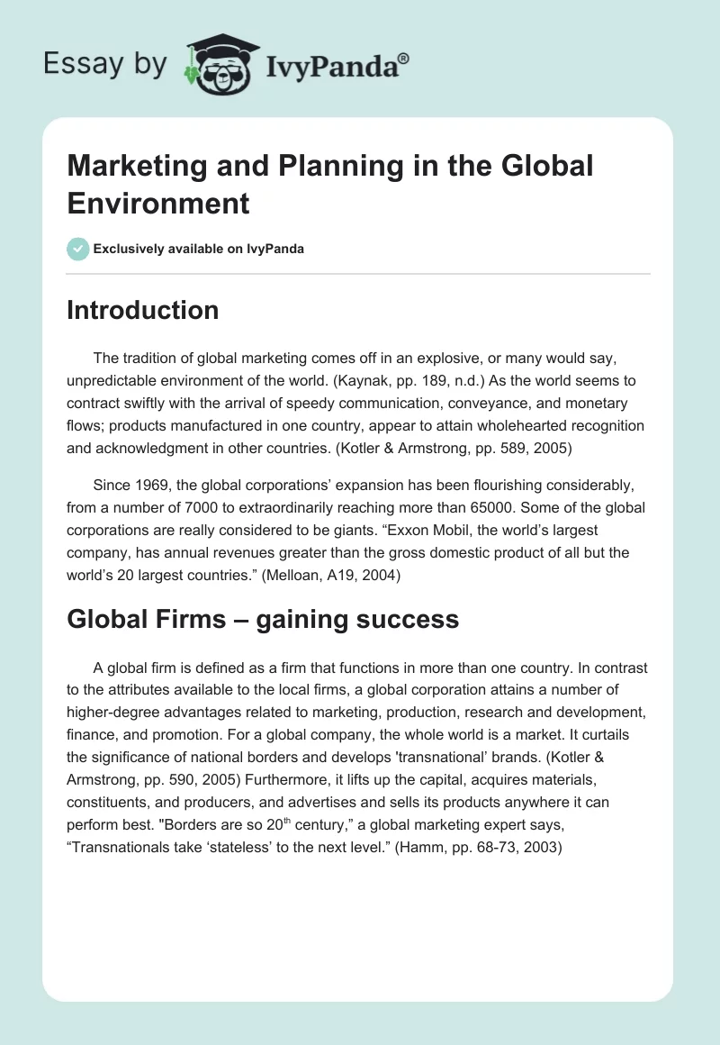 Marketing and Planning in the Global Environment. Page 1