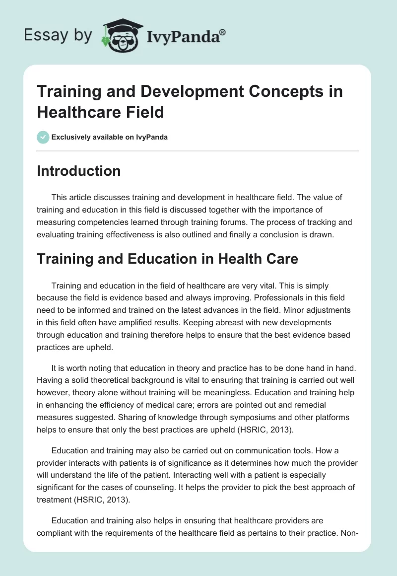 Training and Development Concepts in Healthcare Field. Page 1