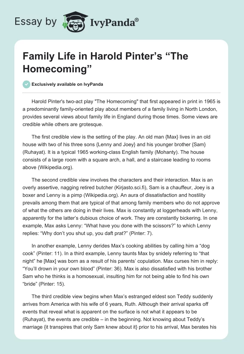 Family Life in Harold Pinter’s “The Homecoming”. Page 1